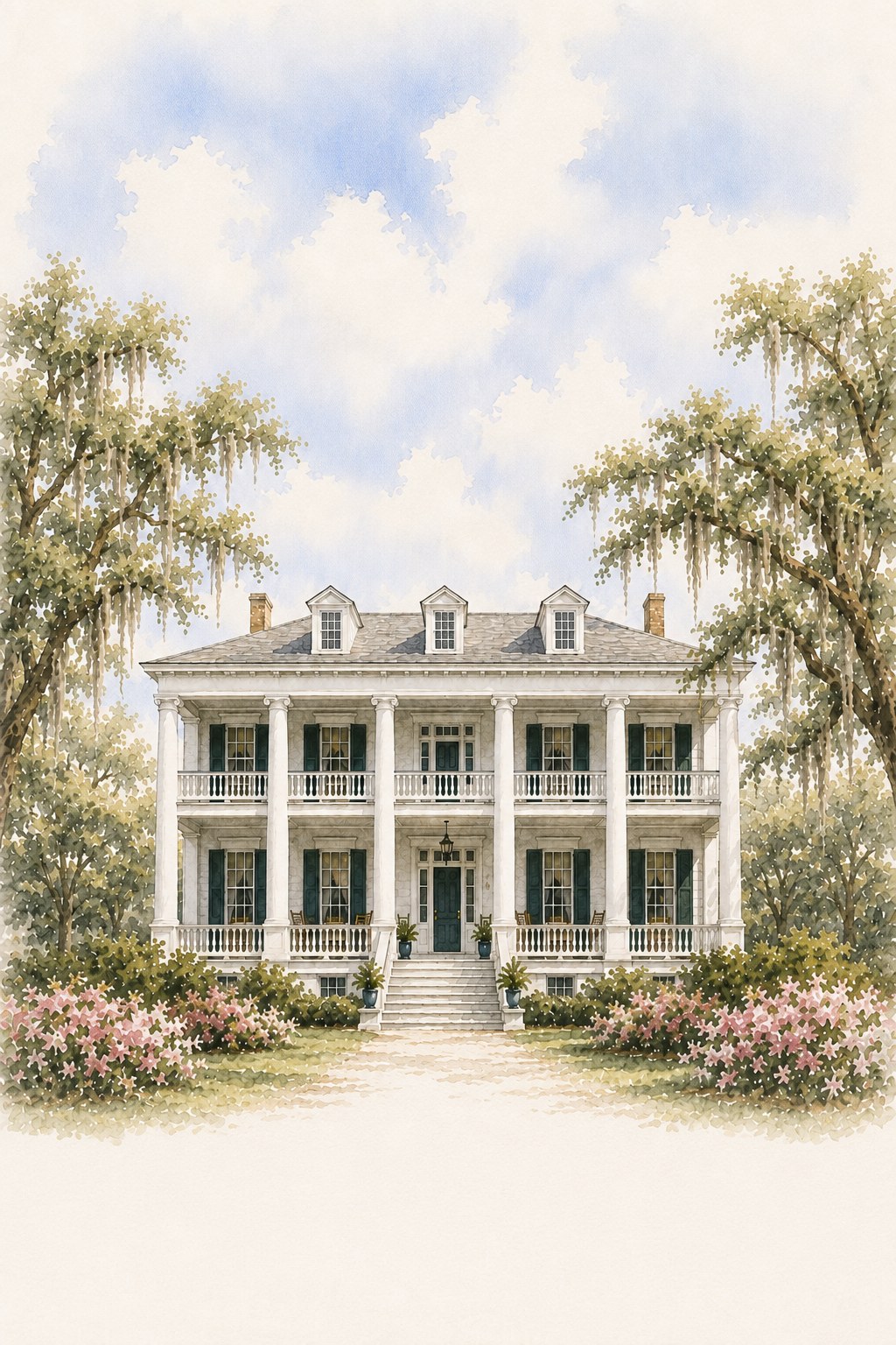 Watercolor painting of Albania Mansion beneath moss-draped live oaks