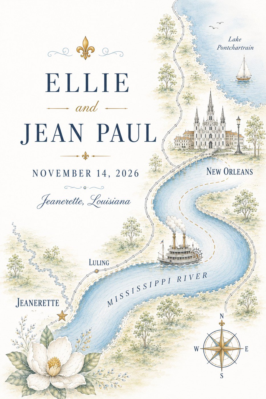 Illustrated map of the route from New Orleans down the Mississippi River to Jeanerette, Louisiana